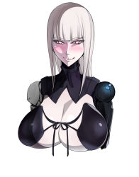 Rule 34 | 1girl, blame!, blunt bangs, breasts, cibo, cyborg, highres, huge breasts, joints, long hair, looking at viewer, pale skin, robot joints, shoujo donburi, silver hair, simple background, smile, white background