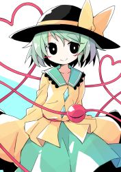 Rule 34 | 1girl, asameshi, black eyes, black hat, blush stickers, bow, bright pupils, commentary, cowboy shot, frilled sleeves, frills, green hair, green skirt, hat, hat bow, heart, heart of string, komeiji koishi, looking at viewer, shirt, short hair, skirt, sleeves past fingers, sleeves past wrists, smile, solo, third eye, touhou, white pupils, yellow bow, yellow shirt