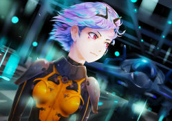 Rule 34 | 1girl, absurdres, aleste, armor, blurry, blurry background, body armor, bodysuit, breastplate, breasts, canards, commentary request, dutch angle, gg aleste, gg aleste 3, hangar, highres, lights, looking back, luna waizen, pilot, pilot suit, purple hair, red eyes, science fiction, shoulder armor, smile, spacecraft, spacecraft interior, spacesuit, starfighter, user sjdk3873