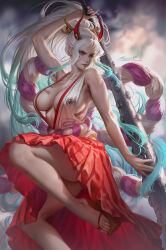 Rule 34 | 1girl, aleriia v, aqua hair, arm up, bare legs, blurry, blurry background, breasts, breasts apart, brown eyes, club, club (weapon), collarbone, covered erect nipples, curled horns, earrings, eyelashes, fingernails, floating hair, geta, green hair, hair ornament, hair stick, hakama, hakama skirt, high ponytail, highres, holding, holding weapon, hoop earrings, horns, japanese clothes, jewelry, kanabou, kimono, knee up, large breasts, lips, long hair, looking to the side, multicolored hair, multicolored horns, one piece, oni, outstretched arm, pale skin, parted lips, plunging neckline, red hakama, red horns, rope, shimenawa, sideboob, signature, skirt, sleeveless, sleeveless kimono, solo, stomach, toenails, toes, v-shaped eyebrows, very long hair, watermark, weapon, web address, white hair, yamato (one piece), yellow horns