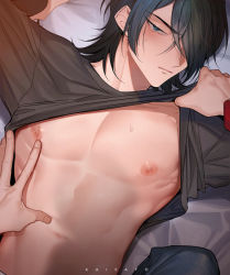 Rule 34 | 1boy, arms up, bed sheet, black hair, blue eyes, blush, closed mouth, clothes lift, collarbone, dotsuco, fingernails, hair over one eye, male focus, navel, nipples, original, out of frame, shirt lift, solo focus, sweat, yaoi