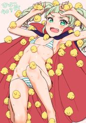Rule 34 | 10s, 1girl, aikatsu!, aikatsu! (series), arms up, bikini, bird, cape, chick, clearite, fangs, flat chest, holding, looking at viewer, meme, navel, open mouth, simple background, solo, striped, surrounded, sweatdrop, swimsuit, too many, todo yurika, twintails, wavy mouth