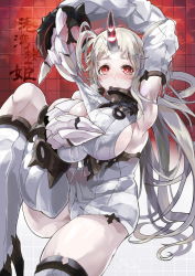 Rule 34 | 10s, 1girl, abyssal ship, bare shoulders, breasts, claws, detached sleeves, dress, himuro shunsuke, horns, kantai collection, large breasts, long hair, pale skin, red eyes, ribbed dress, seaport princess, short dress, sideboob, single horn, solo, sweater, sweater dress, white hair