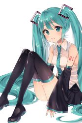 Rule 34 | 1girl, 39, aqua eyes, aqua hair, aqua nails, ass, bare shoulders, black footwear, black skirt, boots, collared shirt, commentary request, detached sleeves, hair ornament, hatsune miku, knees up, kurasaki moroko, long hair, long sleeves, looking at viewer, miniskirt, nail polish, necktie, open mouth, pleated skirt, shirt, shoulder tattoo, simple background, sitting, skirt, smile, solo, tattoo, thigh boots, thighhighs, twintails, very long hair, vocaloid, white background, white shirt, wide sleeves