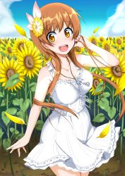 Rule 34 | 10s, 1girl, adjusting hair, blue sky, blush, brown eyes, brown hair, casual, cla (torinabe), cloud, day, dress, field, flower, flower field, hair flower, hair ornament, jewelry, key, key necklace, long hair, looking at viewer, necklace, nisekoi, open mouth, outdoors, petals, sidelocks, sky, sleeveless, solo, sunflower, sunflower field, tachibana marika, white dress, wind