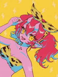 Rule 34 | 1girl, absurdres, animal print, bandeau, bow hairband, breasts, cleavage, colored skin, earrings, fingernails, hairband, highres, horns, jewelry, lightning bolt symbol, long fingernails, looking at viewer, neck tattoo, oni, open mouth, original, pink skin, pointy ears, red hair, setsubun, skin-covered horns, slit pupils, small breasts, smile, tattoo, thick eyebrows, tiger print, twintails, yellow background, yellow eyes, yume harukasumi