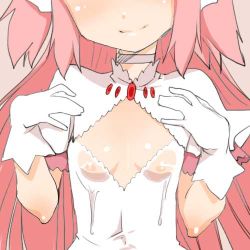 Rule 34 | 10s, 1girl, blush, breasts, choker, flat chest, gloves, kaname madoka, looking at viewer, lowres, mahou shoujo madoka magica, nipples, pink background, pink hair, see-through, shinama, small breasts, smile, solo, twintails, ultimate madoka, white gloves