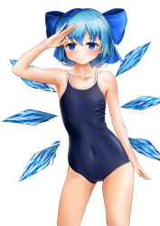 Rule 34 | 1girl, absurdres, arm up, armpits, bare arms, bare shoulders, blue bow, blue eyes, blue hair, blue one-piece swimsuit, blush, bow, cirno, collarbone, commentary, covered navel, cowboy shot, hair bow, highres, ice, ice wings, looking at viewer, one-piece swimsuit, short hair, simple background, smile, solo, standing, swimsuit, thighs, touhou, ukua (otokonoko), white background, wings