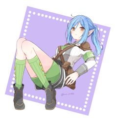 Rule 34 | 1girl, armband, black footwear, blue hair, blush, brown eyes, closed mouth, commentary request, full body, green armband, green skirt, green socks, knees up, long hair, long sleeves, looking at viewer, mini mamu, pointy ears, ponytail, pouch, rune factory, rune factory 5, scarlett (rune factory), shirt, shoes, shoulder pads, sidelocks, sitting, skirt, socks, solo, twitter username, white shirt