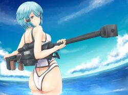 Rule 34 | 10s, 1girl, adapted costume, anti-materiel rifle, ass, blue eyes, blue hair, bolt action, breasts, butt crack, chiyo goya, cloud, covered erect nipples, day, fisheye, from behind, gun, highres, looking at viewer, looking back, matching hair/eyes, muzzle device, one-piece swimsuit, parted lips, partially submerged, pgm hecate ii, rifle, scope, short hair, sinon, sky, small breasts, sniper rifle, solo, swimsuit, sword art online, weapon