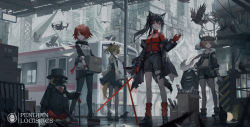 Rule 34 | 1other, 4girls, absurdres, ahoge, animal ears, arknights, ballistic shield, belt, belt pouch, bird, black dress, black footwear, black gloves, black hair, black jacket, black legwear, black neckwear, black shorts, black tank top, blonde hair, boots, box, cane, carrying, cigarette, city, cityscape, closed mouth, collarbone, collared shirt, commentary request, cow horns, croissant (arknights), crop top, dress, dress shirt, drone, english text, exusiai (arknights), fingerless gloves, fur-trimmed jacket, fur trim, gloves, green eyes, hair over one eye, halo, hat, highres, holding, holding cigarette, holding sword, holding weapon, horns, jacket, leg warmers, long hair, long sleeves, looking at another, looking at viewer, looking back, multiple girls, navel, necktie, off shoulder, official alternate costume, one eye covered, orange hair, pantyhose, parted lips, penguin, penguin logistics (arknights), penguin logistics logo, planted, planted sword, planted weapon, ponytail, pouch, red eyes, red gloves, red hair, red legwear, red shirt, riot shield, shield, shirt, shoes, short hair, short sleeves, shorts, smoke, smoking, sora (arknights), standing, suit jacket, sunglasses, sword, tail, tank top, texas (arknights), texas (willpower) (arknights), emperor (arknights), thigh strap, top hat, train, twintails, two-tone dress, visor cap, weapon, white dress, white gloves, white jacket, wolf ears, wolf tail, zhai