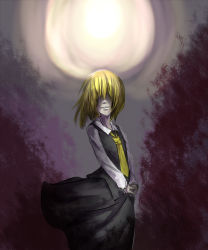 Rule 34 | 1girl, alternate color, bakuha, blonde hair, blouse, darkness, full moon, hair over eyes, moon, night, no ribbon, own hands together, rumia, shirt, short hair, smile, touhou, vest