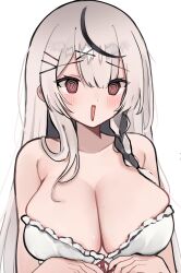 Rule 34 | 1girl, @ @, absurdres, artist request, bare shoulders, black hair, blush, braid, breasts, camisole, cleavage, collarbone, frilled camisole, frills, grey hair, hair between eyes, hair ornament, hairclip, highres, hololive, large breasts, long hair, looking at viewer, multicolored hair, open mouth, red eyes, sakamata chloe, solo, streaked hair, sweat, two-tone hair, virtual youtuber, white background