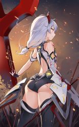 Rule 34 | 1girl, aliceblue, alternate costume, armor, armored leotard, ass, bare shoulders, black thighhighs, blood, blood on clothes, blood on face, breasts, commentary request, cross (weapon), elbow gloves, fire, floating armor, floating hair, from behind, gloves, hair between eyes, hair ornament, highres, holding, holding weapon, honkai (series), honkai impact 3rd, light particles, long hair, red eyes, silver hair, single elbow glove, small breasts, smirk, solo, theresa apocalypse, theresa apocalypse (violet executer), thighhighs, thighs, weapon