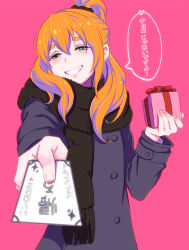 Rule 34 | 1girl, bad id, bad pixiv id, blush, box, coat, commentary request, gift, gift box, green eyes, grin, holding, holding gift, incoming gift, long hair, looking at viewer, orange hair, original, othel&#039;s orange haired girl, othel (hatimorris), pink background, ponytail, scarf, simple background, smile, solo, thick eyebrows, translation request, upper body, valentine, winter clothes, winter coat