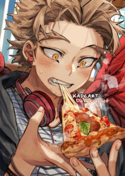 Rule 34 | 1boy, artist name, biting, blonde hair, boku no hero academia, bracelet, breath, cheese, cheese trail, eating, facial hair, feathered wings, food, food focus, forehead, goatee, hands up, hawks (boku no hero academia), headphones, jewelry, kadeart, large wings, male focus, pepperoni, pizza, pizza slice, red wings, sharp teeth, shirt, short hair, solo, spiked hair, steam, striped clothes, striped shirt, stubble, sweatdrop, teeth, thick eyebrows, upper body, wings, yellow eyes