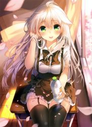 Rule 34 | 1girl, :p, absurdres, ahoge, anceril sacred, black thighhighs, blurry, blush, bottle, breasts, cherry blossoms, classroom, colored eyelashes, depth of field, desk, garter straps, green eyes, hair flaps, tucking hair, highres, large breasts, long hair, looking at viewer, medium breasts, mishima kurone, on desk, original, petals, scan, school, school desk, school uniform, sidelocks, sitting, on desk, smile, solo, suspenders, thighhighs, tongue, tongue out, very long hair, water bottle, white hair