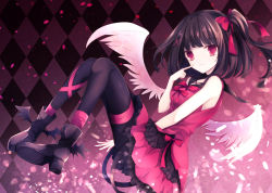 Rule 34 | 1girl, angel wings, bare shoulders, black footwear, black pantyhose, bow, breasts, commentary request, dress, from side, kurumi mashiro, looking at viewer, medium breasts, medium hair, original, pantyhose, pink dress, pink eyes, red bow, shoes, solo, wings