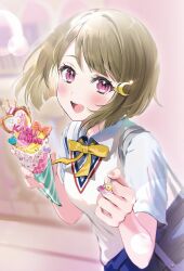 Rule 34 | 1girl, bag, blurry, blurry background, blush, bobbles, bow, bowtie, commentary request, crescent, crescent hair ornament, hair ornament, hairclip, hands up, holding, holding food, holding ice cream, holding spoon, ice cream, light brown hair, looking at viewer, love live!, love live! nijigasaki high school idol club, malo (mlpmpmp), nakasu kasumi, nijigasaki school uniform, open mouth, pink eyes, school uniform, shirt, short hair, short sleeves, shoulder bag, smile, solo, spoon, upper body, vest, white shirt, wing collar, yellow bow, yellow bowtie
