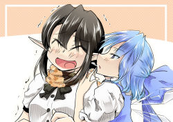 Rule 34 | 2girls, ^ ^, black hair, blowing in ear, blue bow, blue eyes, blush, bow, cirno, closed eyes, commentary request, closed eyes, graphite (medium), hair bow, ice, ice wings, matsu 84, multiple girls, open mouth, pointy ears, puffy short sleeves, puffy sleeves, scarf, shameimaru aya, short sleeves, touhou, traditional media, transparent wings, trembling, upper body, wings