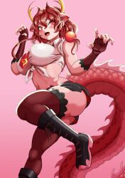 Rule 34 | absurdres, animal ears, blush, breast pocket, breasts, ciapolilla, collared shirt, dragon ears, dragon girl, dragon horns, dragon tail, extra ears, fingerless gloves, gloves, hair between eyes, highres, horns, huge breasts, japari symbol, kemono friends, kemono friends 3, long hair, multicolored hair, navel, necktie, pocket, red dragon (kemono friends), red eyes, red hair, scale print, shirt, sleeveless, smile, tail, thighhighs, tied shirt, yellow horns