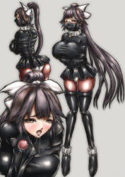 Rule 34 | 1girl, ankle cuffs, ass, azur lane, ball gag, bdsm, black hair, black skirt, black thighhighs, blush, bondage, bound, breasts, brown eyes, cloth gag, collar, cuffs, drooling, from behind, full body, gag, unworn gag, gagged, grey background, hair ornament, hair ribbon, highres, improvised gag, large breasts, latex, lock, long hair, looking at viewer, looking back, metal collar, miniskirt, multiple views, niwaka ame kosame, open mouth, over the nose gag, padlock, panties, ponytail, restrained, ribbon, simple background, skirt, standing, straitjacket, sweatdrop, takao (azur lane), tears, thighhighs, thighs, tight clothes, underwear, very long hair, white panties, white ribbon, zipper