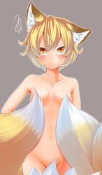 Rule 34 | animal ears, blonde hair, blush, breasts, collarbone, convenient censoring, flat chest, fox ears, fox tail, groin, highres, looking at viewer, midriff, multiple tails, navel, nude, short hair, solo, squiggle, stomach, tail, tail censor, tamahana, touhou, yakumo ran