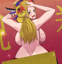 Rule 34 | 1girl, ass, backboob, black maria (one piece), blonde hair, blue eyes, blush, breasts, butt crack, dimples of venus, earrings, highres, huge breasts, jewelry, lipstick, long hair, looking at viewer, looking back, makeup, mikanberry, one piece, solo, sword, tongue, tongue out, weapon