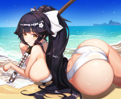 Rule 34 | 1girl, ass, azur lane, beach, bikini, black hair, blush, boat, breasts, cleavage, day, flower hair ornament, hair ornament, hair ribbon, highres, huge ass, large breasts, long hair, looking at viewer, lying, ocean, on side, one-piece swimsuit, outdoors, ponytail, pout, ribbon, ship, sideboob, sky, swimsuit, sword, takao (azur lane), takao (beach rhapsody) (azur lane), water, watercraft, weapon, wide hips, wooden sword, yellow eyes, yeong r6