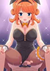 Rule 34 | 1boy, 1girl, animal ears, artist request, bare shoulders, black leotard, blue eyes, blush, bow, bowtie, breasts, card (medium), character name, cleavage, collarbone, detached collar, fake animal ears, girlfriend (kari), gold bow, hair ornament, hair ribbon, hetero, highres, indoors, large breasts, leotard, looking at viewer, medium hair, nail polish, night, open mouth, orange hair, pantyhose, playboy bunny, pubic hair, purple background, rabbit ears, rabbit girl, rabbit tail, ribbon, sagara emi, sex, smile, solo, squatting, strapless, strapless leotard, tagme, tail, tan neckwear, torn clothes, torn pantyhose, two side up, vaginal, wrist cuffs