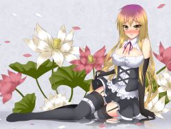 Rule 34 | 1girl, adapted costume, bare shoulders, black gloves, black thighhighs, blonde hair, blush, breasts, cleavage, clothes lift, corset, elbow gloves, flower, garter straps, gloves, gmot, gradient hair, highres, hijiri byakuren, large breasts, lily pad, long hair, looking at viewer, lotus, multicolored hair, open mouth, petals, purple hair, reflective floor, shirt, sitting, skirt, skirt lift, sleeveless, sleeveless shirt, smile, solo, thigh strap, thighhighs, touhou, very long hair, yellow eyes, zettai ryouiki