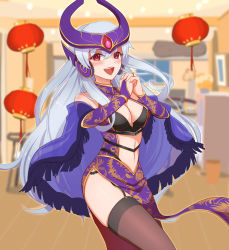 Rule 34 | 1girl, alternate costume, bare shoulders, blue hair, blush, breasts, bridal gauntlets, chan qi (fireworkhouse), china dress, chinese clothes, chinese new year, cleavage, clothing cutout, dress, garter straps, headgear, jewelry, lantern, league of legends, long hair, looking at viewer, midriff, navel, navel cutout, open mouth, paper lantern, red eyes, ring, shawl, solo, syndra, thighhighs, thighs, wedding band, white hair