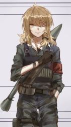 Rule 34 | 1girl, ;), alternate costume, armband, belt, black bow, black gloves, blonde hair, bow, braid, contemporary, cowboy shot, gloves, hair bow, hand in pocket, hand on own chest, kevlar, kirisame marisa, long hair, looking at viewer, meng ziya, military, military uniform, one eye closed, rocket launcher, side braid, smile, solo, touhou, uniform, vest, weapon, weapon on back, yellow eyes
