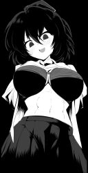 Rule 34 | 1girl, :d, blush, bra, breasts, commentary, cowboy shot, greyscale, hair between eyes, hat, highres, large breasts, looking at viewer, midriff, mizuga, monochrome, navel, open mouth, shameimaru aya, simple background, skirt, smile, solo, standing, symbol-only commentary, tokin hat, touhou, underwear