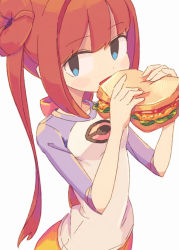 Rule 34 | 1girl, blue eyes, blush, bow, breasts, brown hair, creatures (company), eating, food, game freak, hair bun, hands up, long hair, looking at viewer, looking to the side, makaroll, nintendo, open mouth, pink bow, pokemon, pokemon bw2, rosa (pokemon), sandwich, shirt, shorts, simple background, single hair bun, small breasts, solo, standing, twintails, very long hair, white background, white shirt, yellow shorts