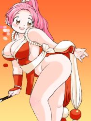 Rule 34 | 1girl, artist request, ass, blush, breasts, brown eyes, cleavage, cosplay, curvy, folding fan, hand fan, kouchi yukie, large breasts, leaning forward, legs, looking back, no bra, no panties, open mouth, pink hair, plump, ponytail, revealing clothes, shiranui mai, shiranui mai (cosplay), simple background, smile, solo, takamare! takamaru