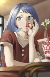 Rule 34 | 1girl, absurdres, alternate costume, blue eyes, blue hair, boku no hero academia, coffee cup, commentary request, cup, dessert, disposable cup, fengling (furin-jp), flower, food, fruit, hadou nejire, highres, holding, holding food, indoors, long hair, red shirt, shirt, sitting, solo, strawberry, vase, watch, whipped cream, wristwatch