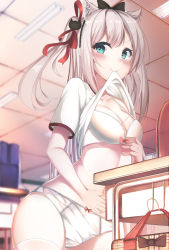 Rule 34 | 1girl, absurdres, animal ear fluff, animal ears, azur lane, blouse, blue eyes, blurry, blurry background, blush, bra, breasts, cat ears, classroom, cleavage, clothes in mouth, clothes lift, collarbone, commentary request, cowboy shot, depth of field, desk, fang, fang out, hair ornament, hammann (azur lane), highres, hiragi ringo, long hair, looking at viewer, medium breasts, mouth hold, no pants, panties, school desk, shirt, shirt in mouth, shirt lift, silver hair, solo, standing, table, thighhighs, underwear, v-shaped eyebrows, very long hair, white shirt, white thighhighs