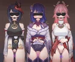 Rule 34 | 3girls, absurdres, bad id, bad pixiv id, bare shoulders, black hair, blindfold, blush, breasts, bridal gauntlets, cleavage, closed mouth, clothes lift, commentary request, covered eyes, bad tag, detached sleeves, facing viewer, female pubic hair, flower, genshin impact, hair between eyes, hair ornament, highres, hyunjjing, japanese clothes, kimono, kujou sara, large breasts, lifted by self, long hair, long sleeves, mask, mask on head, miko, mitsudomoe (shape), mole, mole under eye, multiple girls, navel, obi, obiage, obijime, pink hair, pubic hair, purple flower, purple hair, pussy, raiden shogun, ribbon, saliva, sash, sex toy, shiny skin, short hair, simple background, smile, sweat, take your pick, tassel, tengu mask, thighhighs, tomoe (symbol), twitching, vibrator, wide sleeves, yae miko