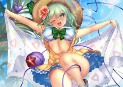 Rule 34 | 1girl, ;d, alternate costume, bikini, blue bikini, blue sky, blurry, blurry background, bow, bracelet, breasts, brown hat, cleavage, commentary request, flower, frilled bikini, frills, green bow, green eyes, green hair, hair flower, hair ornament, hat, heart, jewelry, komeiji koishi, komeiji koishi (the excited eyes of love), large breasts, leg up, lens flare, looking at viewer, one eye closed, open mouth, outdoors, outstretched arms, palm tree, parasol, plaid, plaid bikini, red flower, short hair, shounen (hogehoge), sky, smile, starfish, straw hat, swimsuit, teeth, third eye, touhou, touhou lostword, towel, tree, umbrella, upper teeth only, variant set
