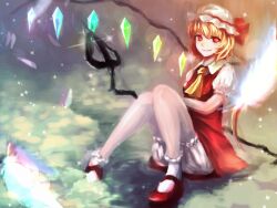 Rule 34 | 1girl, ascot, blonde hair, bloomers, breasts, collared shirt, flandre scarlet, full body, glowing, glowing wings, hat, hat ribbon, knees together feet apart, mary janes, medium hair, mob cap, multicolored wings, pigeon-toed, puffy short sleeves, puffy sleeves, red eyes, red footwear, red ribbon, red skirt, red vest, ribbon, ryuu no nukegara, shirt, shoes, short sleeves, simple background, skirt, small breasts, socks, solo, touhou, underwear, vest, white bloomers, white hat, white shirt, white socks, wings, yellow ascot