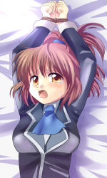 Rule 34 | 1girl, arle nadja, arms up, bdsm, bed, bondage, bound, bound wrists, brown hair, collared shirt, crying, highres, jacket, long sleeves, looking at viewer, madou monogatari, on bed, open mouth, ponytail, puyopuyo, restrained, rope, school uniform, shirt, solo, sweetsprite, tears, teeth, upper body, upper teeth only, white shirt