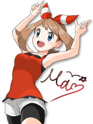 Rule 34 | 1girl, :d, armpits, arms up, black shorts, blue eyes, bow, breasts, brown hair, character name, creatures (company), eyelashes, game freak, hair bow, highres, index fingers raised, looking at viewer, may (pokemon), nintendo, open mouth, pokemon, pokemon oras, red bow, red shirt, shirt, shorts, sleeveless, sleeveless shirt, smile, solo, teeth, upper teeth only, white background, ya mari mo 3