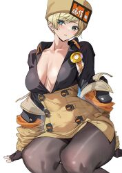Rule 34 | 1girl, alternate hairstyle, arm support, ashiomi masato, blonde hair, blue eyes, blush, breasts, brown coat, cleavage, cleavage cutout, clothing cutout, coat, collarbone, covered erect nipples, covered navel, fingerless gloves, fur hat, gloves, guilty gear, guilty gear strive, hat, highres, invisible chair, large breasts, leggings, looking at viewer, millia rage, short hair, simple background, sitting, solo, thick thighs, thighs, twitter username, ushanka, v-neck, white background