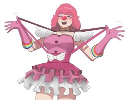 Rule 34 | 1girl, ace attorney, blush, choker, closed eyes, clown girl, clown nose, cowboy shot, frilled skirt, frills, geiru toneido, gloves, hands up, highres, jourd4n, long hair, open mouth, phoenix wright: ace attorney - spirit of justice, pink gloves, pink hair, rainbow, shadow, simple background, skirt, smile, solo, suspender skirt, suspenders, suspenders pull, white background