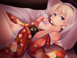 Rule 34 | 10s, 1girl, bad id, bad pixiv id, bed sheet, blonde hair, blue eyes, blush, braid, breasts, cleavage, darjeeling (girls und panzer), girls und panzer, highres, japanese clothes, kimono, lying, nksk, on back, parted lips, pillow, pulled by self, short hair, smile, solo, twin braids