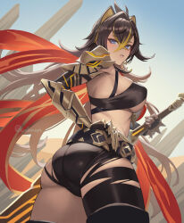 Rule 34 | 1girl, ass, black hair, blonde hair, blue eyes, blush, breasts, commentary request, crossed bangs, cuboon, dehya (genshin impact), from behind, genshin impact, hair between eyes, hair intakes, holding, large breasts, long hair, looking at viewer, looking back, multicolored hair, parted lips, solo, streaked hair, thighs, twitter username