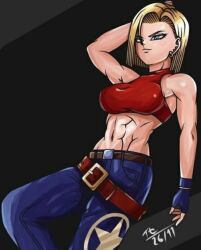 Rule 34 | 1girl, abs, android 18, arm behind head, armpits, artist name, blonde hair, blue eyes, blue mary, blue mary (cosplay), breasts, cosplay, crossover, denim, dragon ball, fatal fury, fingerless gloves, gloves, highres, jeans, large breasts, mature female, midriff, muscular, muscular female, navel, pants, short hair, smile, snk, the king of fighters
