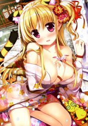 Rule 34 | 1girl, absurdres, animal ears, blonde hair, breasts, cat girl, collarbone, eyebrows, fujima takuya, hair over breasts, hair ribbon, highres, japanese clothes, kimono, large breasts, long hair, off shoulder, one side up, open mouth, original, outdoors, purple eyes, ribbon, scan, see-through silhouette, short kimono, short yukata, solo, tail, wrist cuffs, yukata