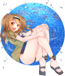 Rule 34 | 10s, 1girl, :d, aimyun, breasts, brown eyes, bubble, circle, fish, hairband, hands on own knees, highres, i-26 (kancolle), kantai collection, large breasts, light brown hair, long hair, machinery, new school swimsuit, open mouth, sailor collar, sandals, school swimsuit, short sleeves, silhouette, smile, solo, swimsuit, two-tone hairband, two side up